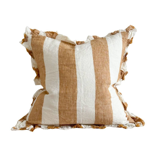 Housse de coussin en lin à volants – Large rayure moutarde 45x45cm