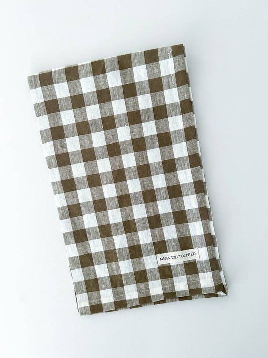 Torchon en lin pur français - Gingham olive