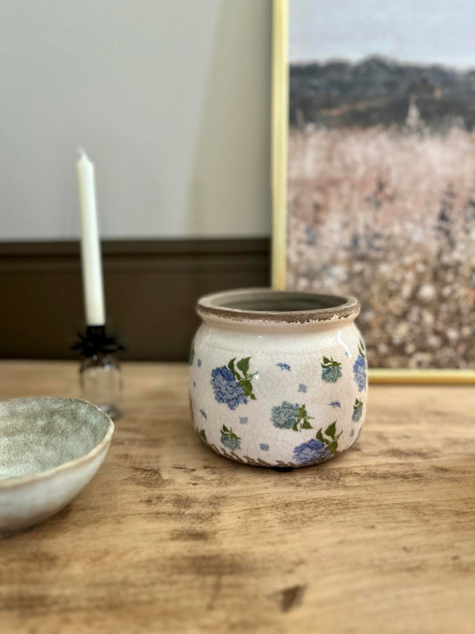 Cache pot rond hortensias