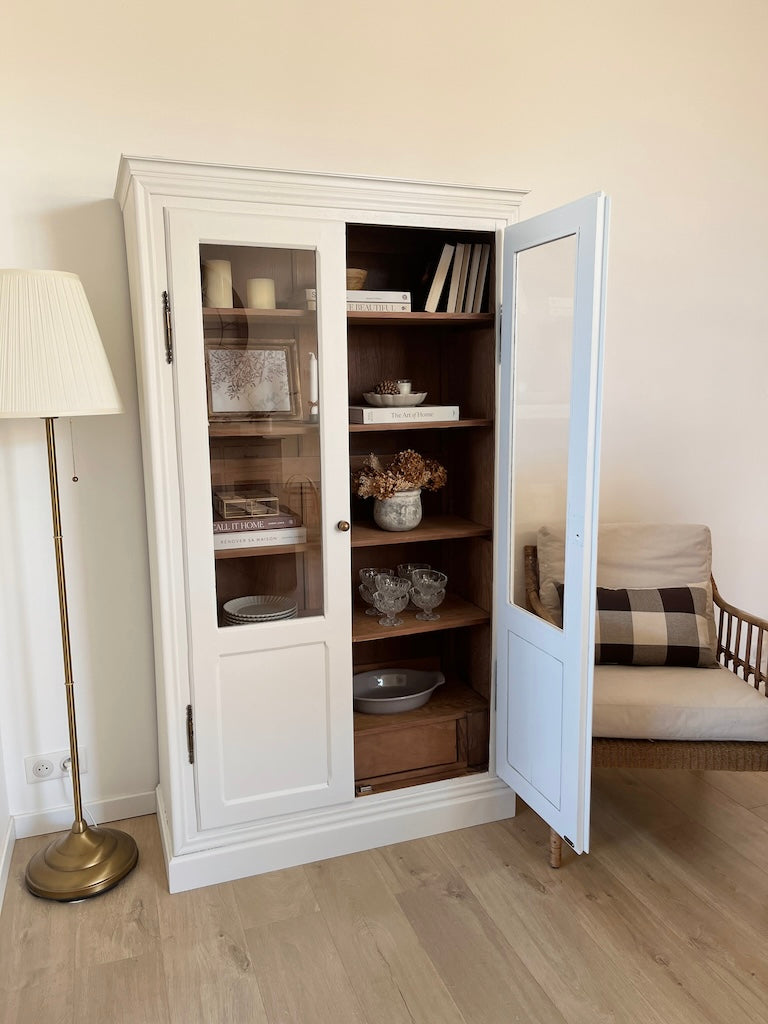 Vitrine 2 portes blanche et bois