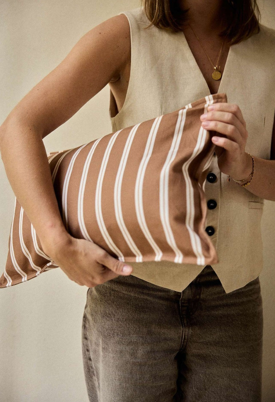 Housse de coussin rectangulaire en coton - Rayures Noisette