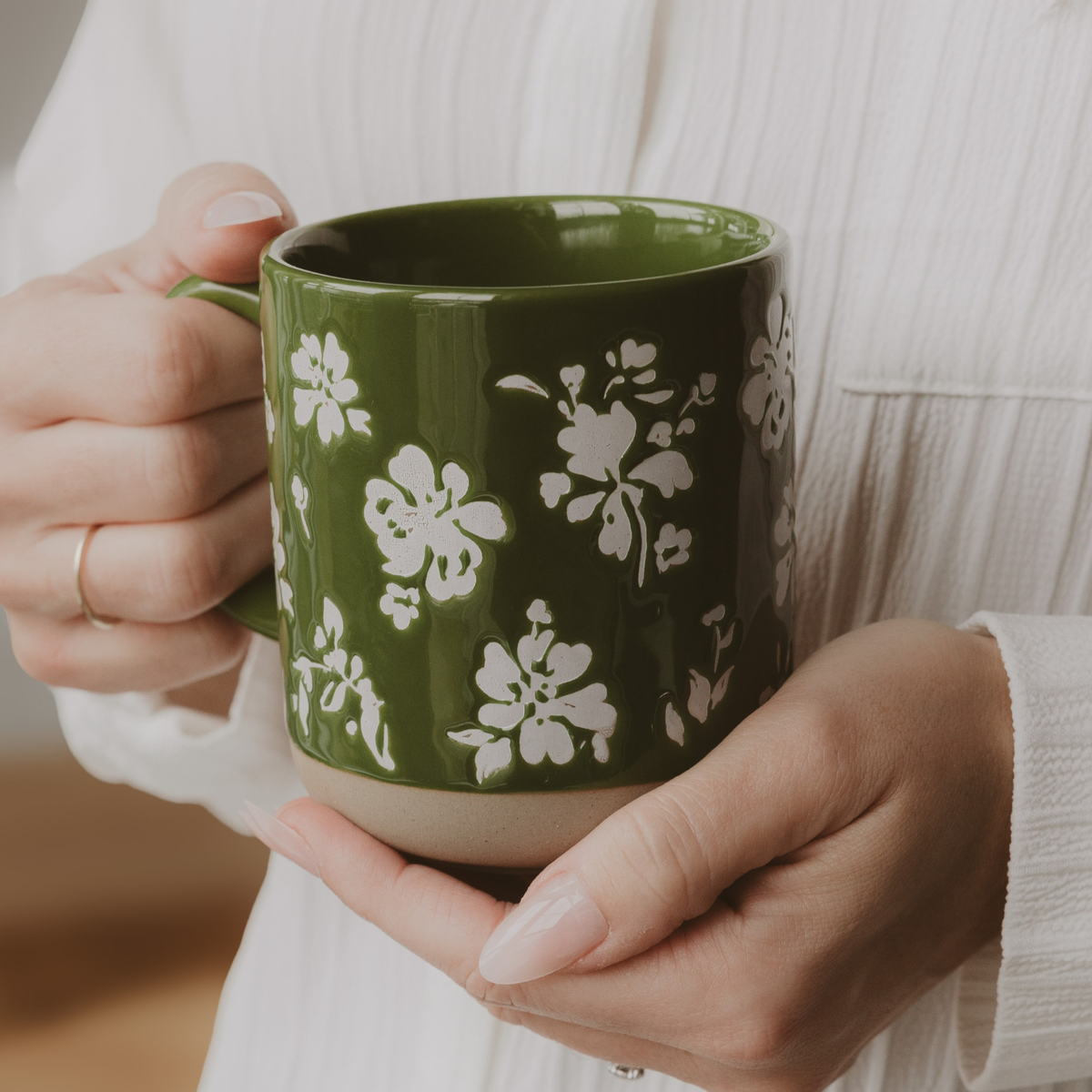 Mug à café en grès floral - vert
