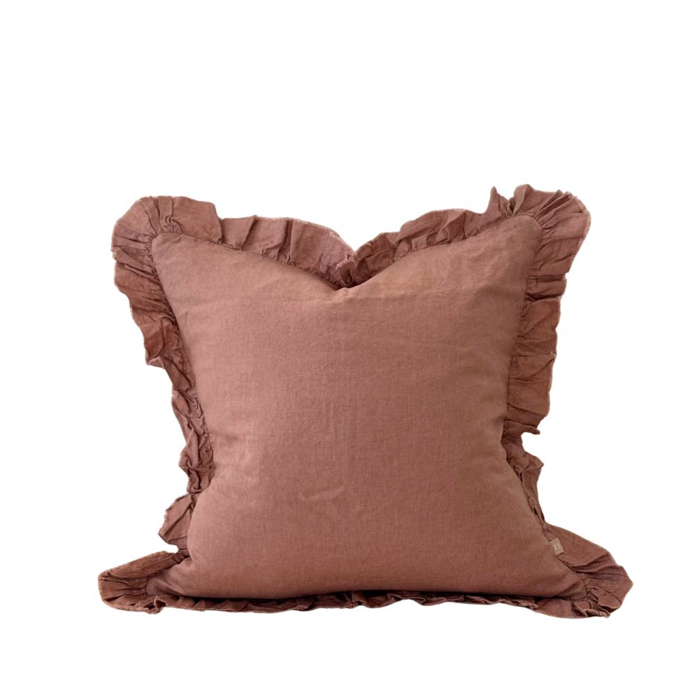 Housse de coussin en lin à volants rose poudré - 65 x 65 cm