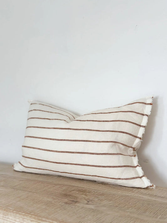 Housse de coussin en lin lavé à rayures marron et écru
