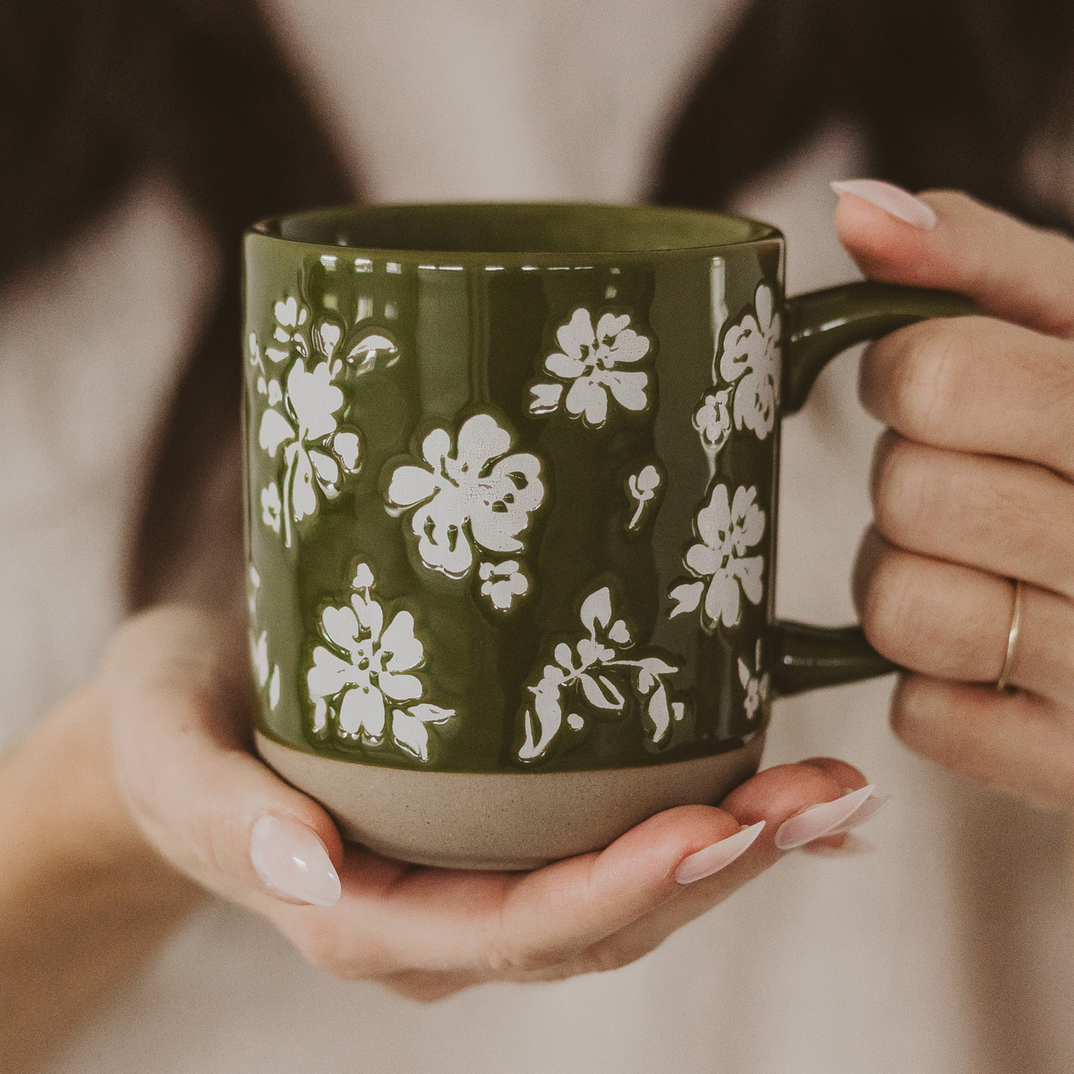 Mug à café en grès floral - vert