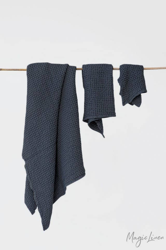 Ensemble de serviettes en lin gaufré (3 pièces) - Gris foncé