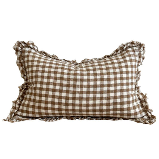 Housse de coussin en lin et volants vichy marron - 50x30 cm