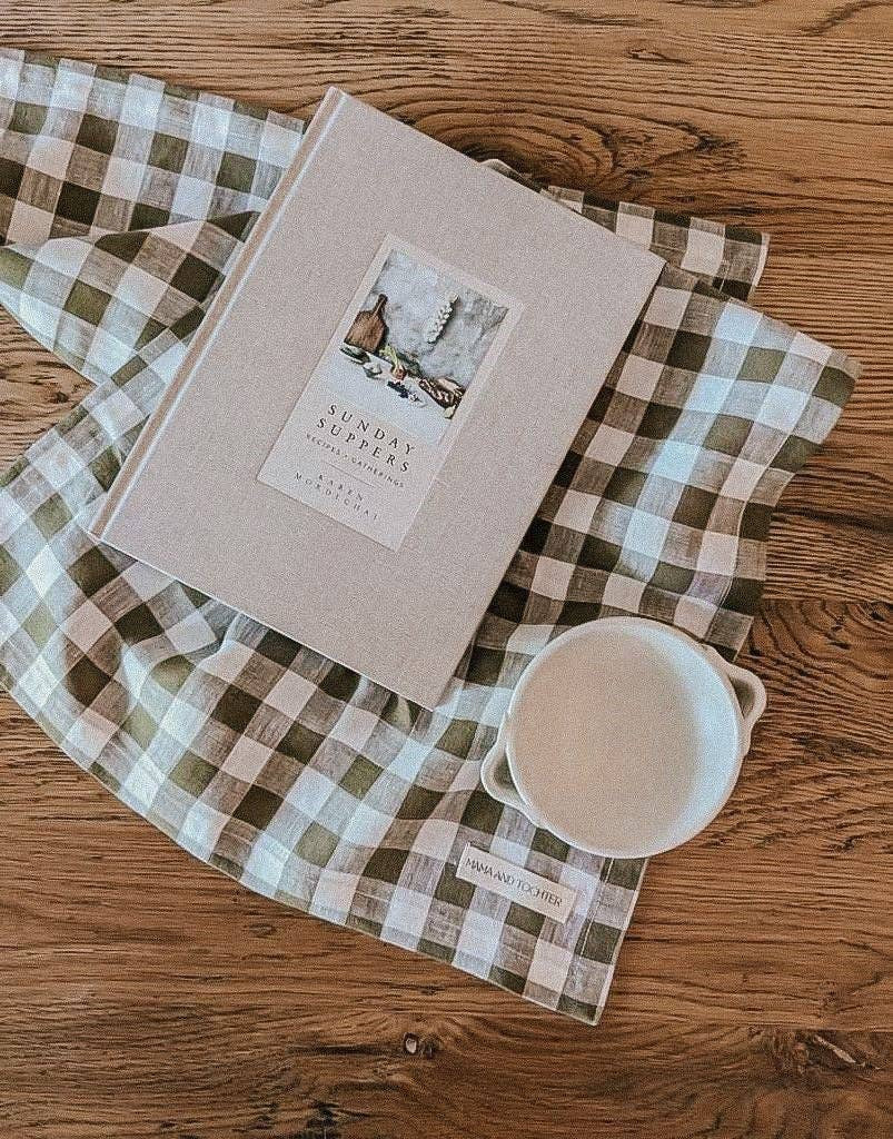 Torchon en lin pur français - Gingham olive
