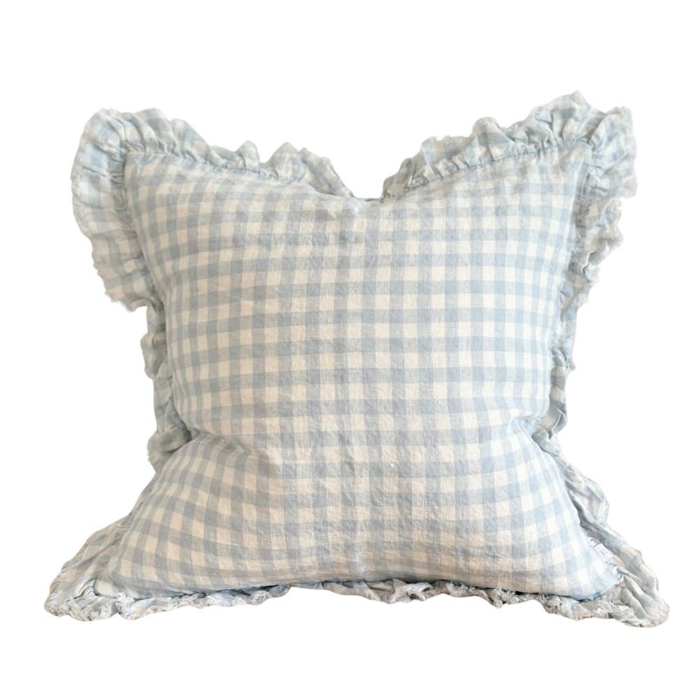 Housse de coussin en lin et à volants vichy bleu - 45x45cm
