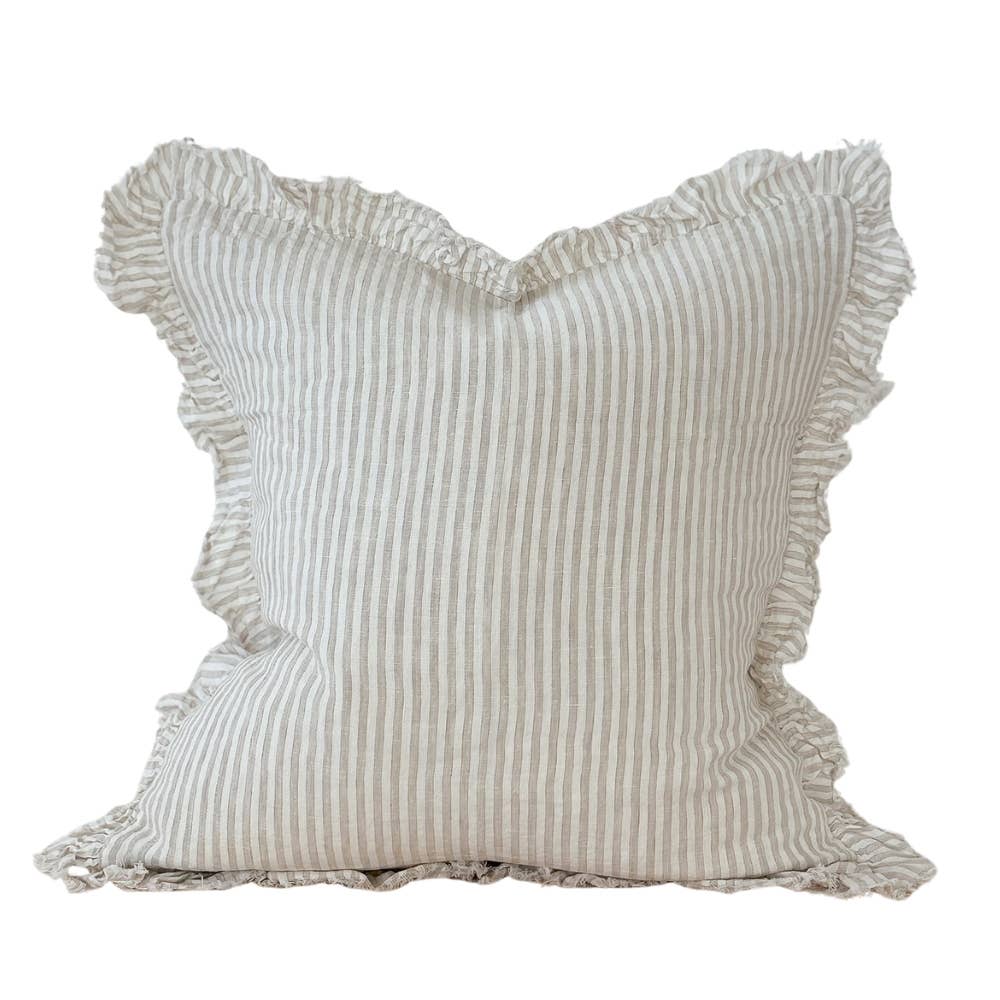 Housse de coussin en lin avec volants Rayures beige naturel - 45x45cm