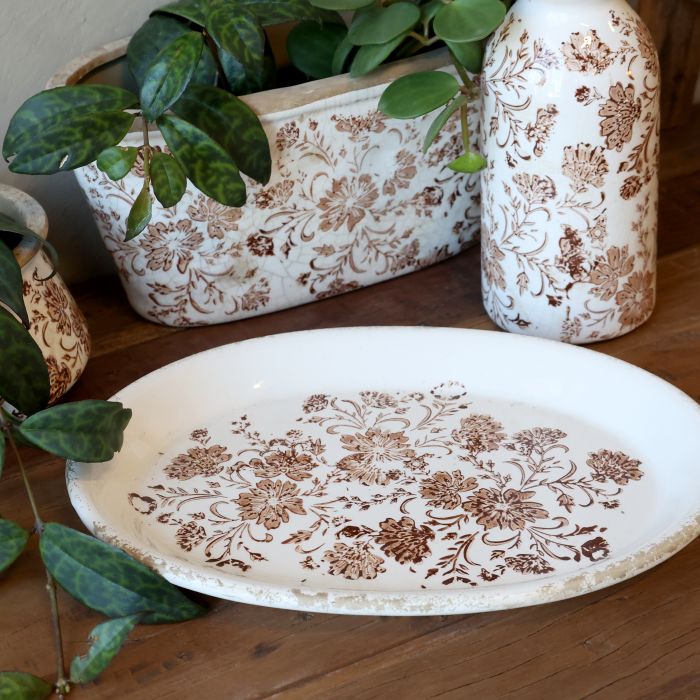 Plateau décoratif en céramique avec motif floral vintage