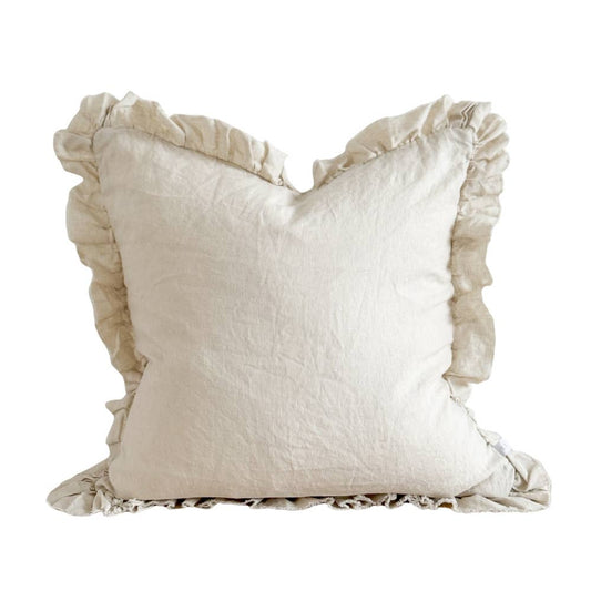 Housse de coussin en lin à volants – crème