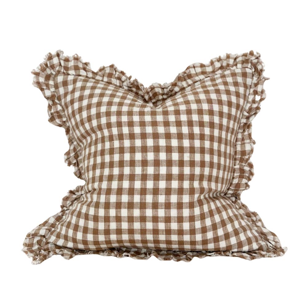 Housse de coussin à carreaux et volants vichy marron - 45x45cm
