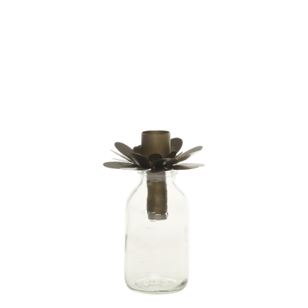 Bouteille avec support à bougie fleur laiton