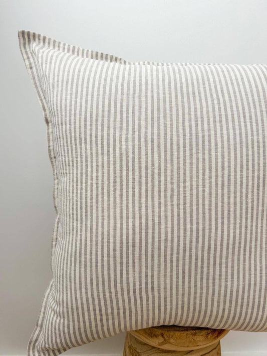 Coussin européen en pur lin français à rayures grises