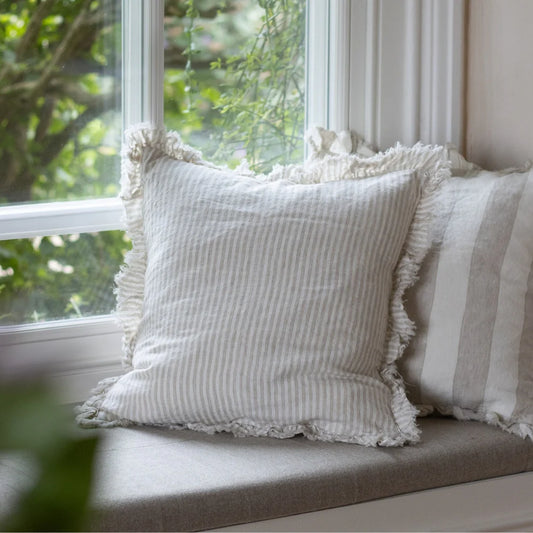 Housse de coussin en lin avec volants Rayures beige naturel - 45x45cm