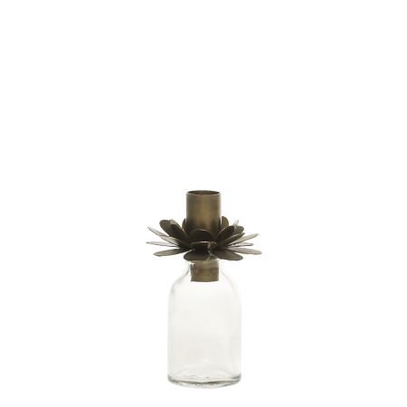Bouteille avec support à bougie fleur laiton
