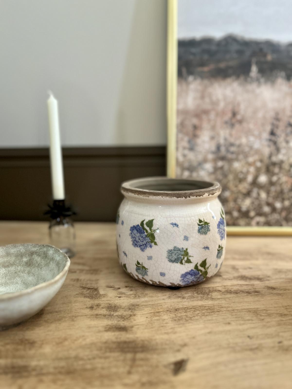 Cache pot rond hortensias