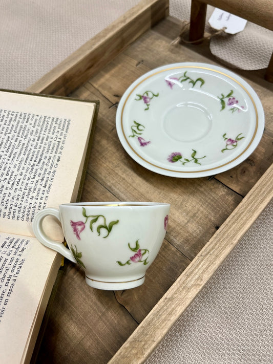 Lot de tasses à café fleuries mauve en porcelaine de limoges - Théodore Haviland