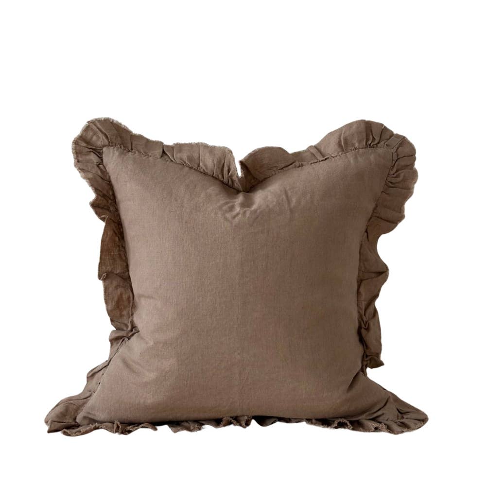 Housse de coussin en lin à volants – brun café 65 x 65 cm