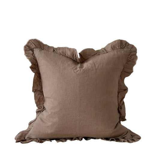 Housse de coussin en lin à volants – brun café 65 x 65 cm