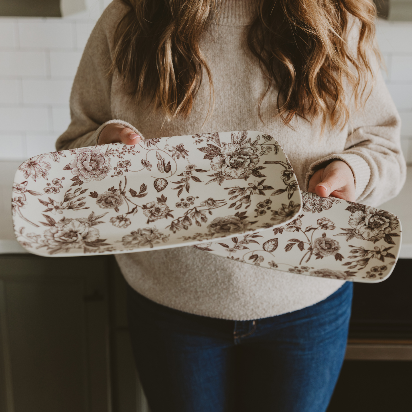 Plateaux empilables en mélamine fleurs vintage marron - Lot de 2