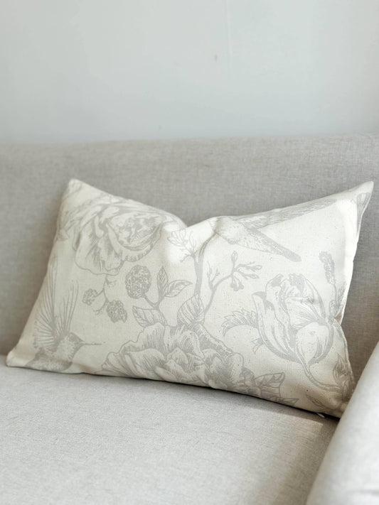 Coussin en coton 50×30 — imprimé oiseau gris