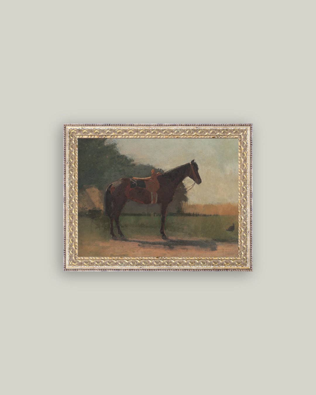 Impression d'art antique encadrée avec cheval sellé