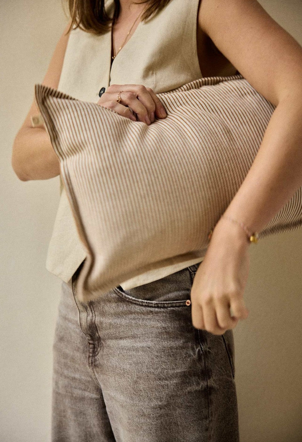 Housse de coussin rectangulaire en coton - Rayures Argile